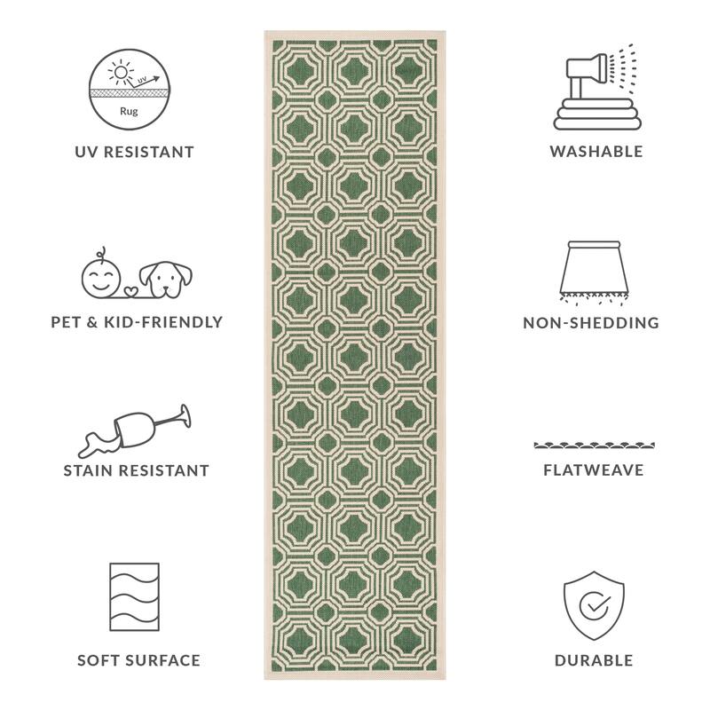 SAFAVIEH, Courtyard Barbl Indoor/ Outdoor Waterproof Patio Backyard Rug - 2'3" x 8' Runner - Dark Green/Beige