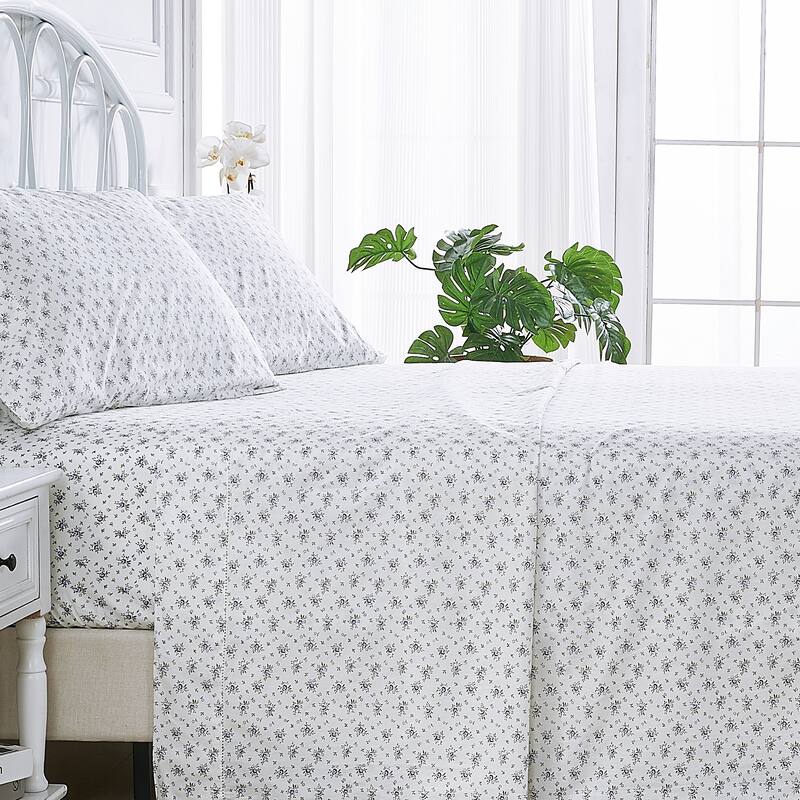 Printed Prewashed Cotton Blue Collection (Individual Set Sell Separately) - Purple Small Floral Sheet Set - Queen - 4 Piece
