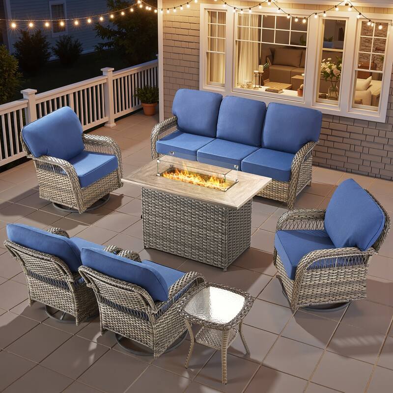 Pocassy Outdoor Fire Pit Table with Swivel Chair Sofa Ottoman Set. - Gray Wicker Blue Cushion - 7-Piece Sofa Swivel Chair Table w/ Fie Pit Table