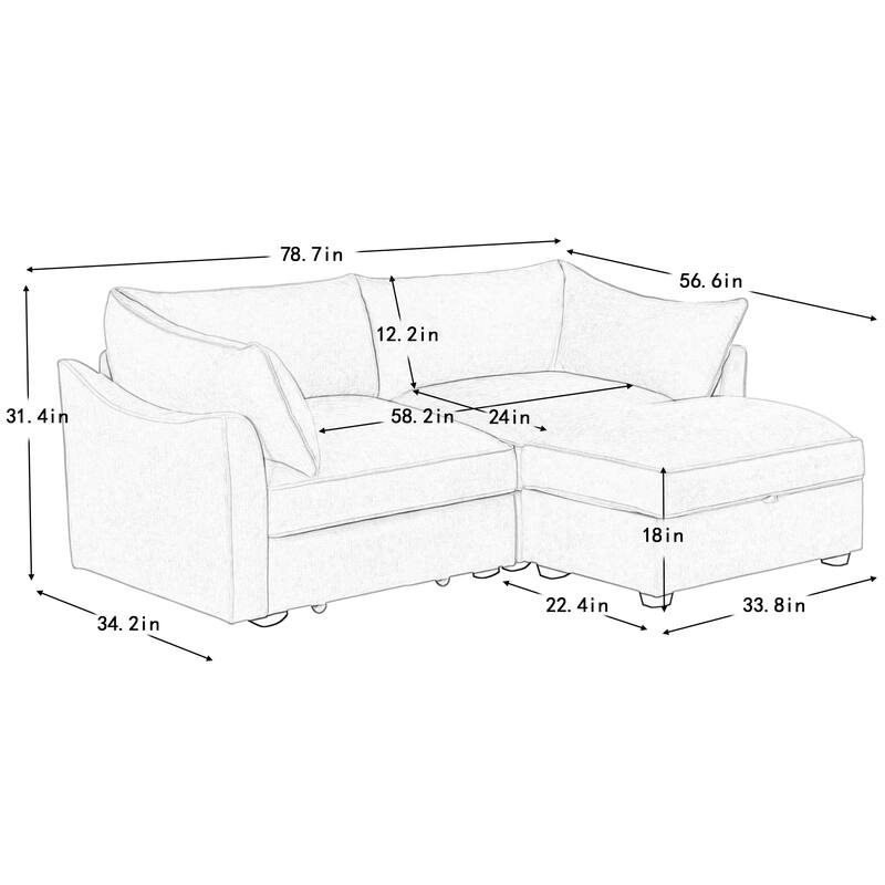 GDFStudio - Chenille 2-Seater 78.7" Sofa with Movable Ottoman and Storage Drawers