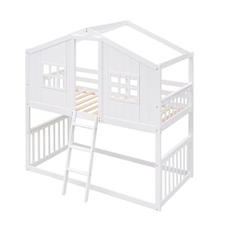 Playhouse Design Twin Over Twin Bunk Bed with Ladder and Roof
