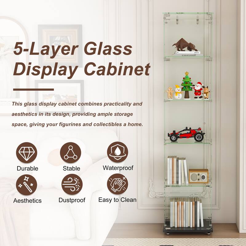 4-Tier Tempered Glass Display Case with 5 Dynamic LED Modes, Single Door Bookshelf Cabinet for Collectibles Home Office Decor