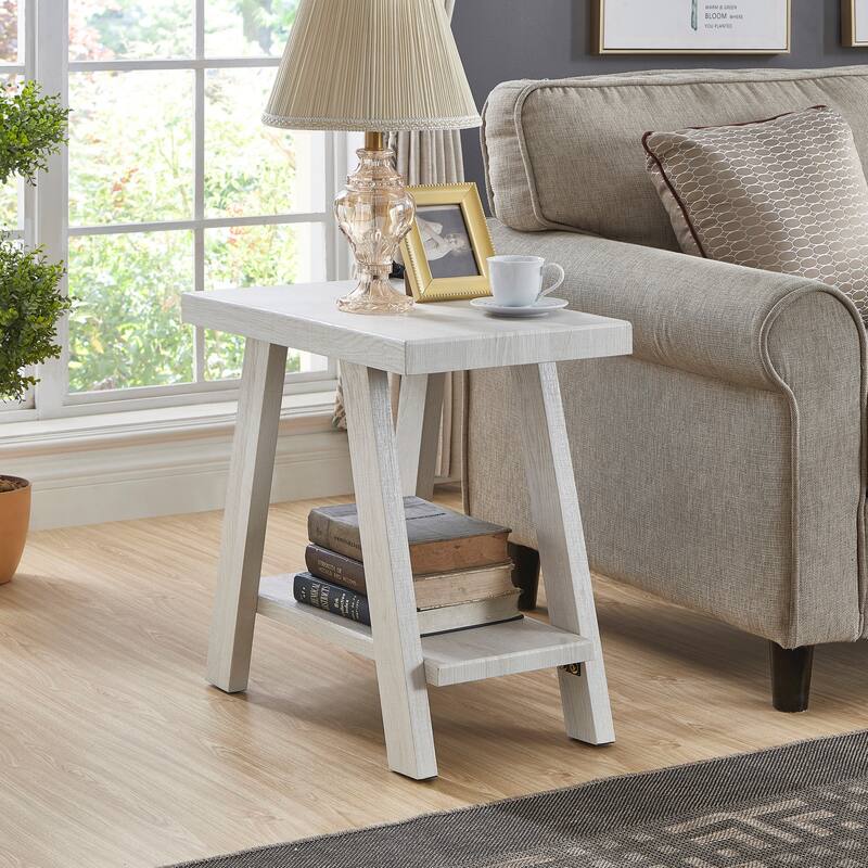 23.5" Modern Rectangular Side Table with Storage Shelf and Wide-angled Legs - White