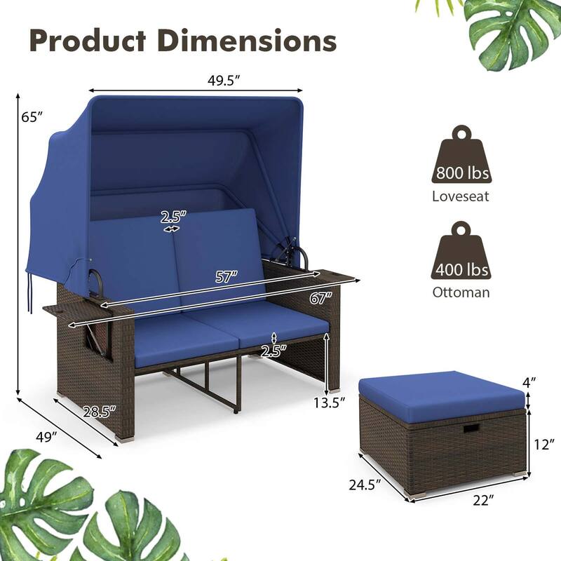 Gymax Rattan Daybed w/ Adjustable Backrests & Retractable Canopy for