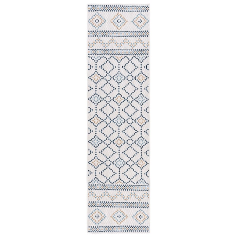 SAFAVIEH Courtyard Orlinda Indoor/ Outdoor Rug - 2'3" x 8' Runner - Ivory/Navy Yellow