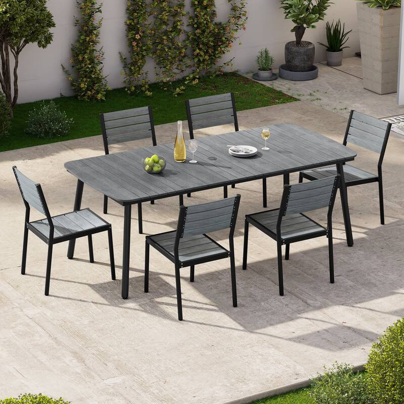 7-Piece Patio Outdoor Dining Set Aluminum Rectangle Table with Umbrella Hole and Stackable Chairs