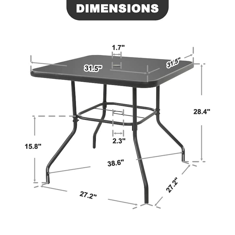 Outdoor Square Metal Dining Table with Tempered Glass Tabletop