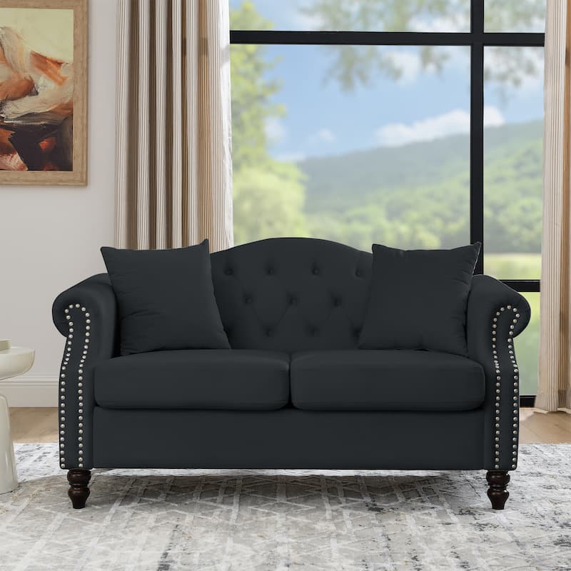 57" Chesterfield Sofa Black Velvet for Living Room, 2 Seater Sofa Tufted Couch with Rolled Arms and Nailhead for Living Room, Be