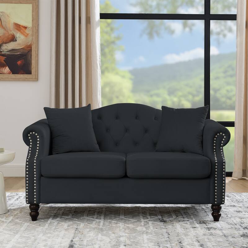 Chesterfield 2-Seat Sofa with Nailhead Trim, Velvet Upholstery, and Solid Wood Frame - Perfect for Living Room or Office - Black