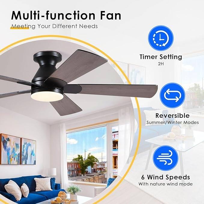 52 Inch Flush Mount Ceiling Fan with Light and Remote 5 Plywood Blades for Living Room Bedroom Patio - 52 Inches