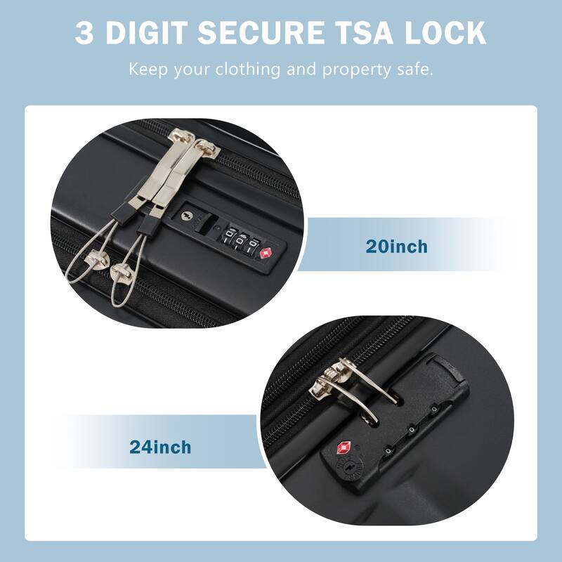 3-Piece Modern Front-Opening Luggage Expandable Luggage with USB Port and TSA Lock, for Boarding Travel, Black