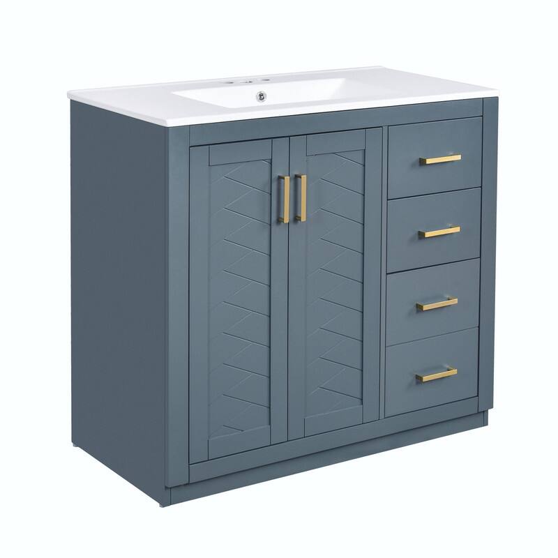 Freestanding 36'' Bathroom Vanity with Ceramic Sink, 3 Drawers, Soft Closing Doors & Solid Wood Frame