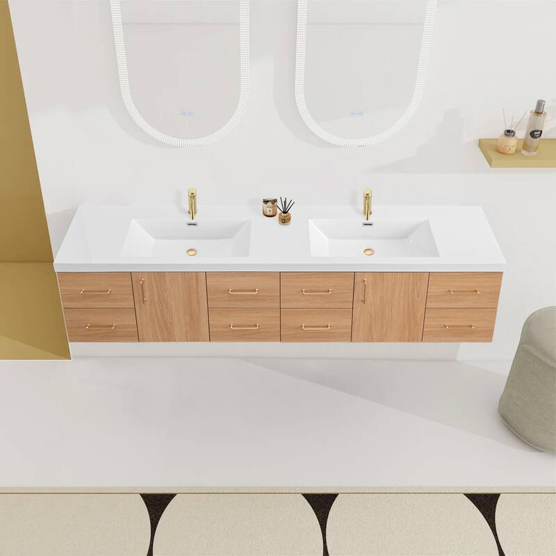 StellarArc 84 in Wall Mounted Double Sink Bathroom Vanity with Integral Sink Top