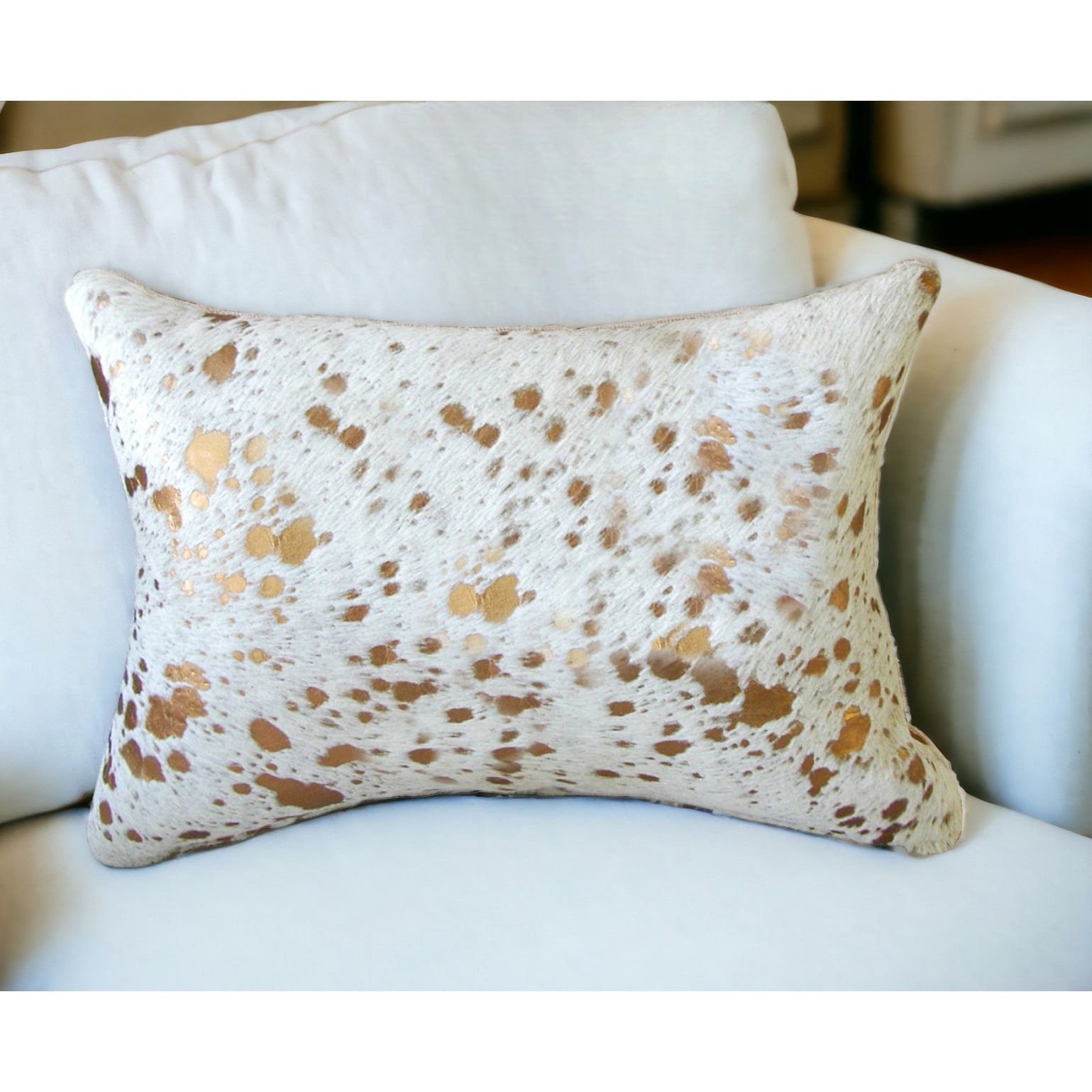12" X 20" NATURAL & GOLD Cowhide Throw Pillow