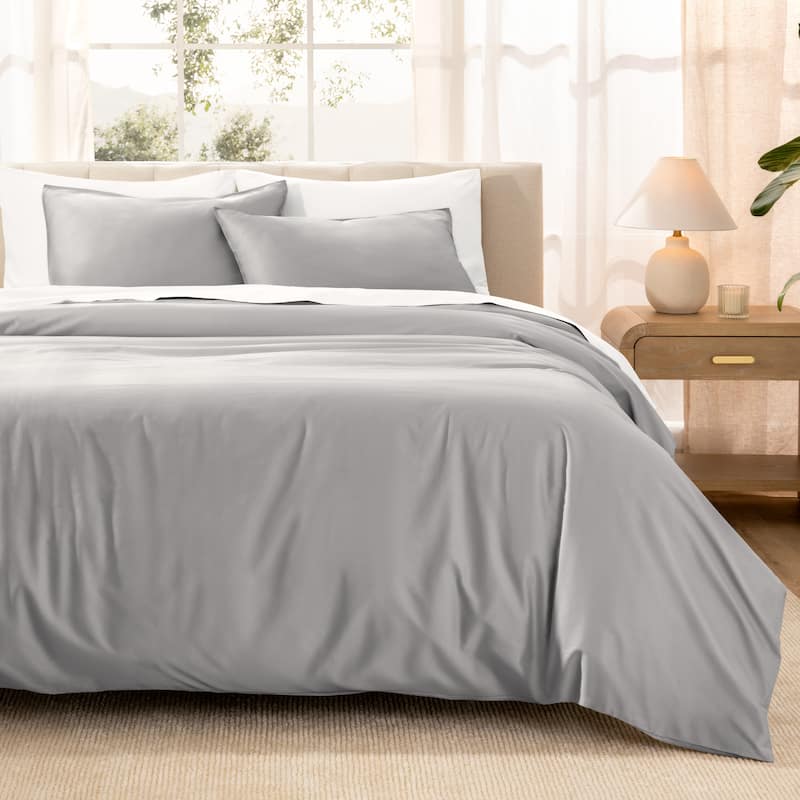 Bare Home Organic Cotton Duvet Cover Set - Smooth Sateen Weave - Light Grey - Queen