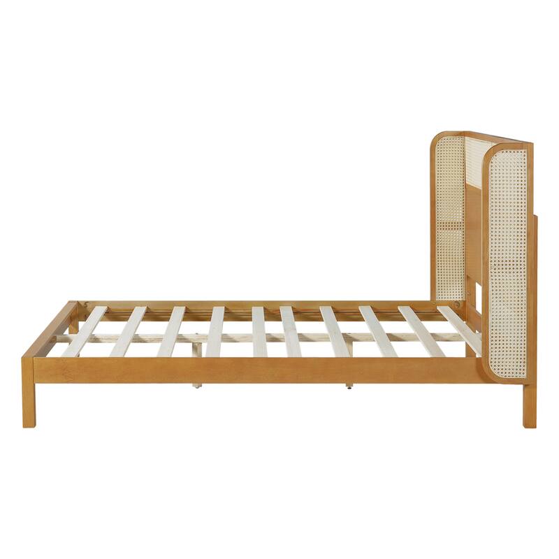 Queen Size Rubber Wood Platform Bed Frame with Headboard, Mid Century Modern Design
