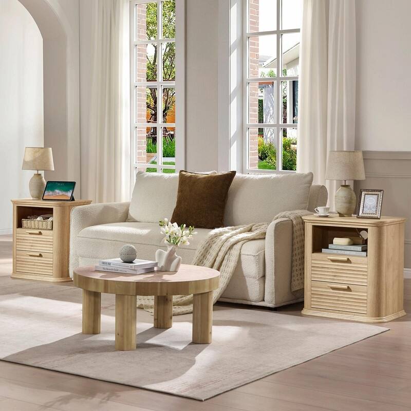 22" Fluted Nightstand with Charging Station - Modern End Table with 2 Drawers and Open Storage