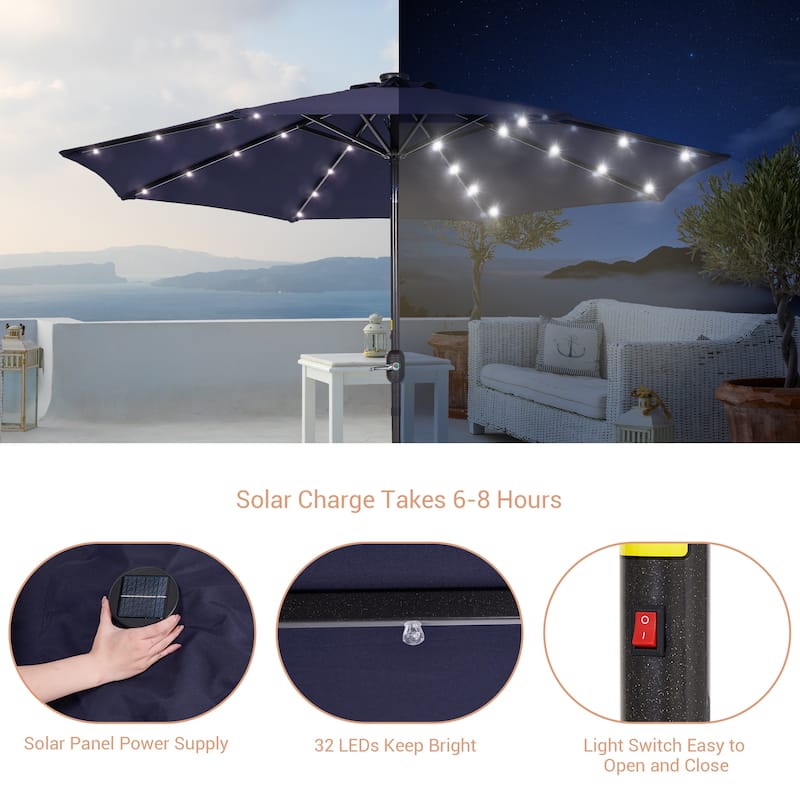 LIVOOSUN LED 9ft Patio Umbrella Market Umbrella Steel Tilt w/Crank
