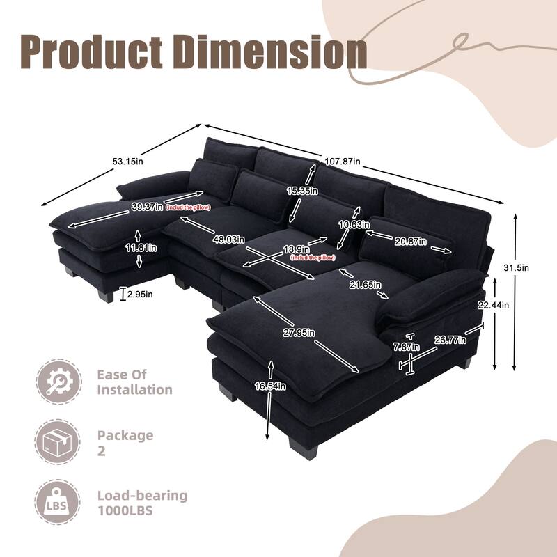 Symmetrical Chenille Upholstered Sectional Sofa U-shaped Cloud Couch with Double Chaise, Side Pockets and Double-layer Cushions
