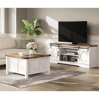 WAMPAT Farmhouse Sliding Barn Door TV Stand and Coffee Table Set of 2