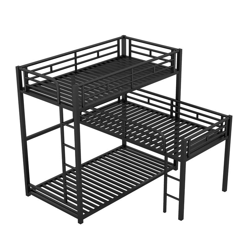 Roomfitters L-Shaped Metal Triple Twin Bunk Bed with Desk and Shelf, Black