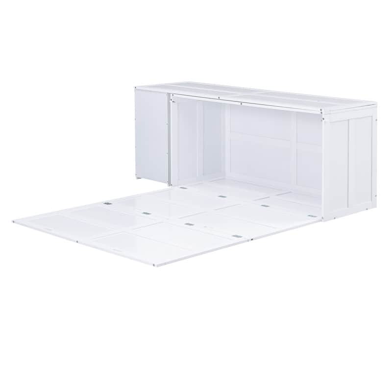 Queen Size Mobile Murphy Cube Cabinet Bed with Rotable Desk, Solid Wood Murphy Bed Chest Platform Murphy Bed for Guest Room