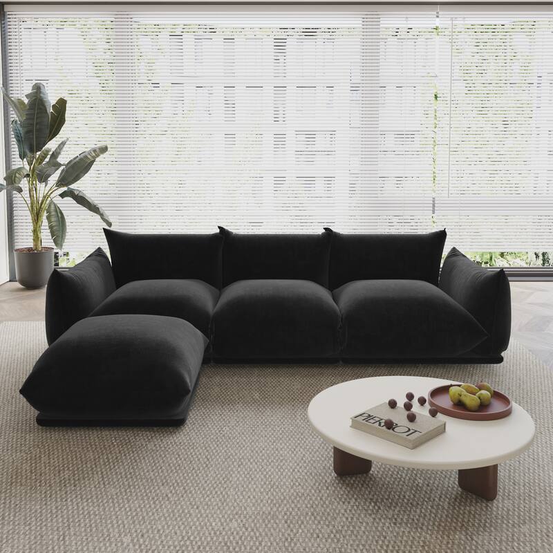 104" L-shape Chenille Modular Sofa Modern Sectional Semi-firm Sofa Couch with Ottoman - Black