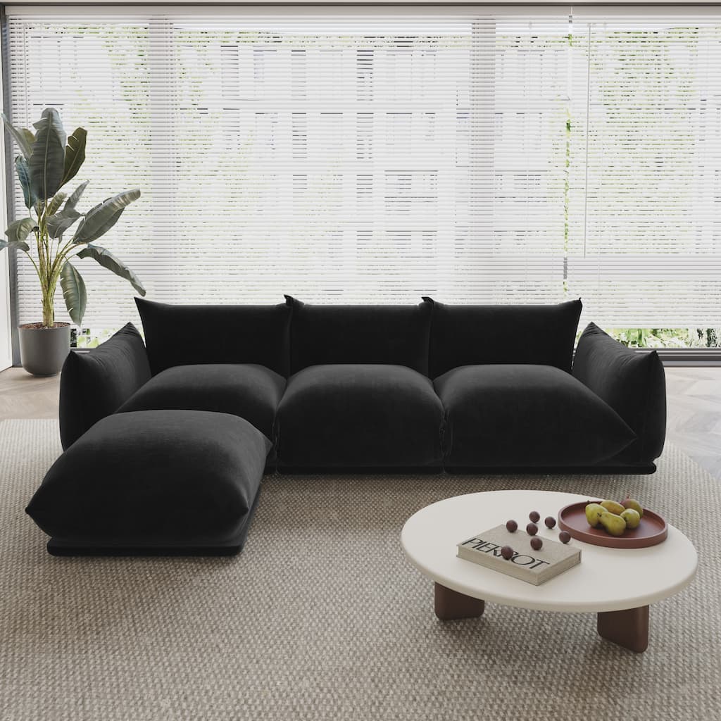 104" L-shape Chenille Modular Sofa Modern Sectional Semi-firm Sofa Couch with Ottoman