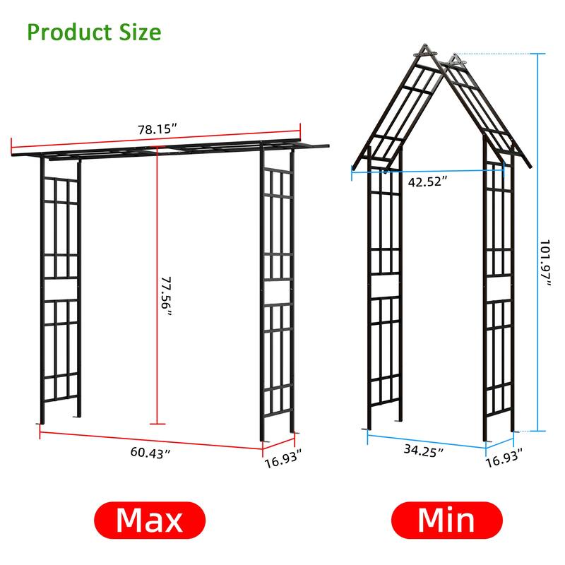Metal Garden Arch with Adjustable Width W42.52''~W78.15'' Climbing Plants Support Rose Arch Outdoor