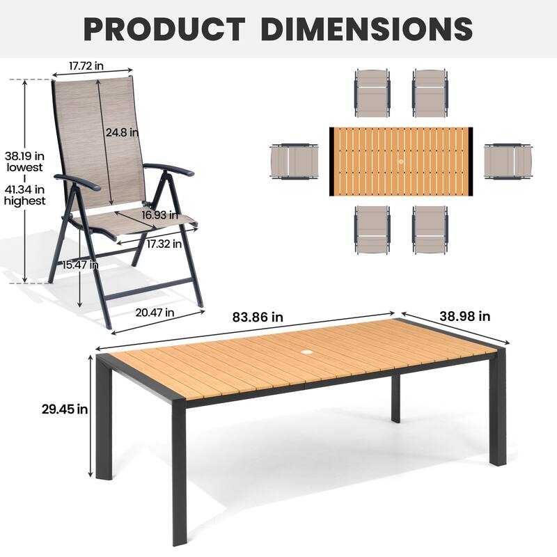 7-Piece Outdoor Aluminum Patio Dining Table with Umbrella Hole and Folding Dining Chair Set