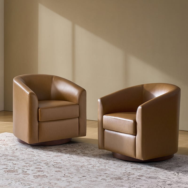 Haley Modern Swivel Barrel Faux Leather Chair with Solid Wood Base Set of 2 by HULALA HOME - Camel