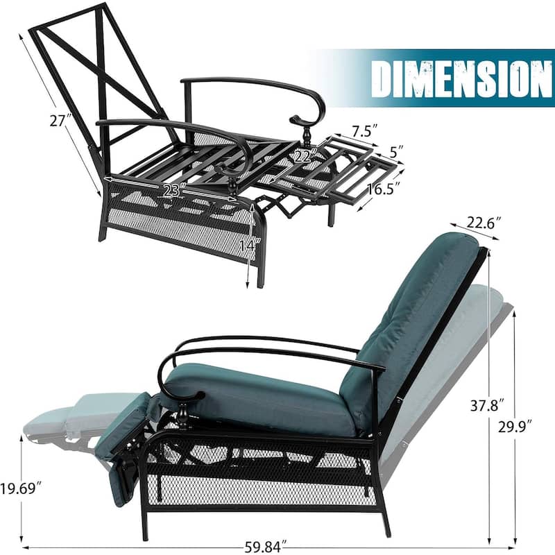 Outdoor Metal Patio Adjustable Recliner Lounge Chair & Bistro Table Set, Retractable Steel Frame and Removable Thick Cushion