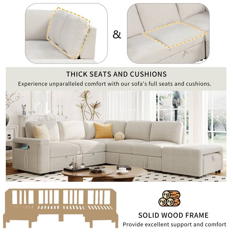 L-shaped Padded Modular Sofa w/Storage Space,USB Ports & Cup Holders