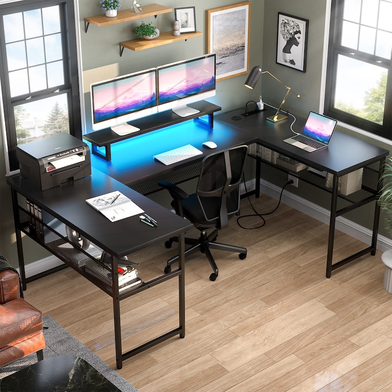 3-in-one U-Shape Computer Desk with Charge Station, Office Corner Desk with Monitor Stand