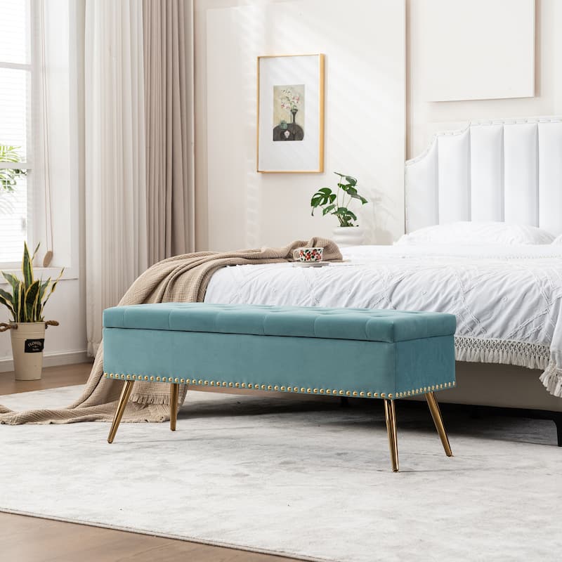 Velvet Storage Ottoman Bench with gold legs and Nailhead Trim for Bedroom/End of Bed/Entryway/Window