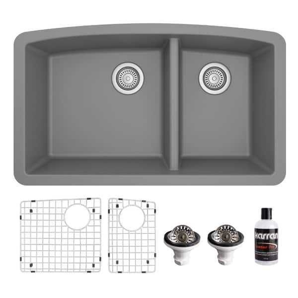 slide 2 of 63, Karran Undermount Quartz 32 in. 60/40 Double Bowl Kitchen Sink Kit Grey