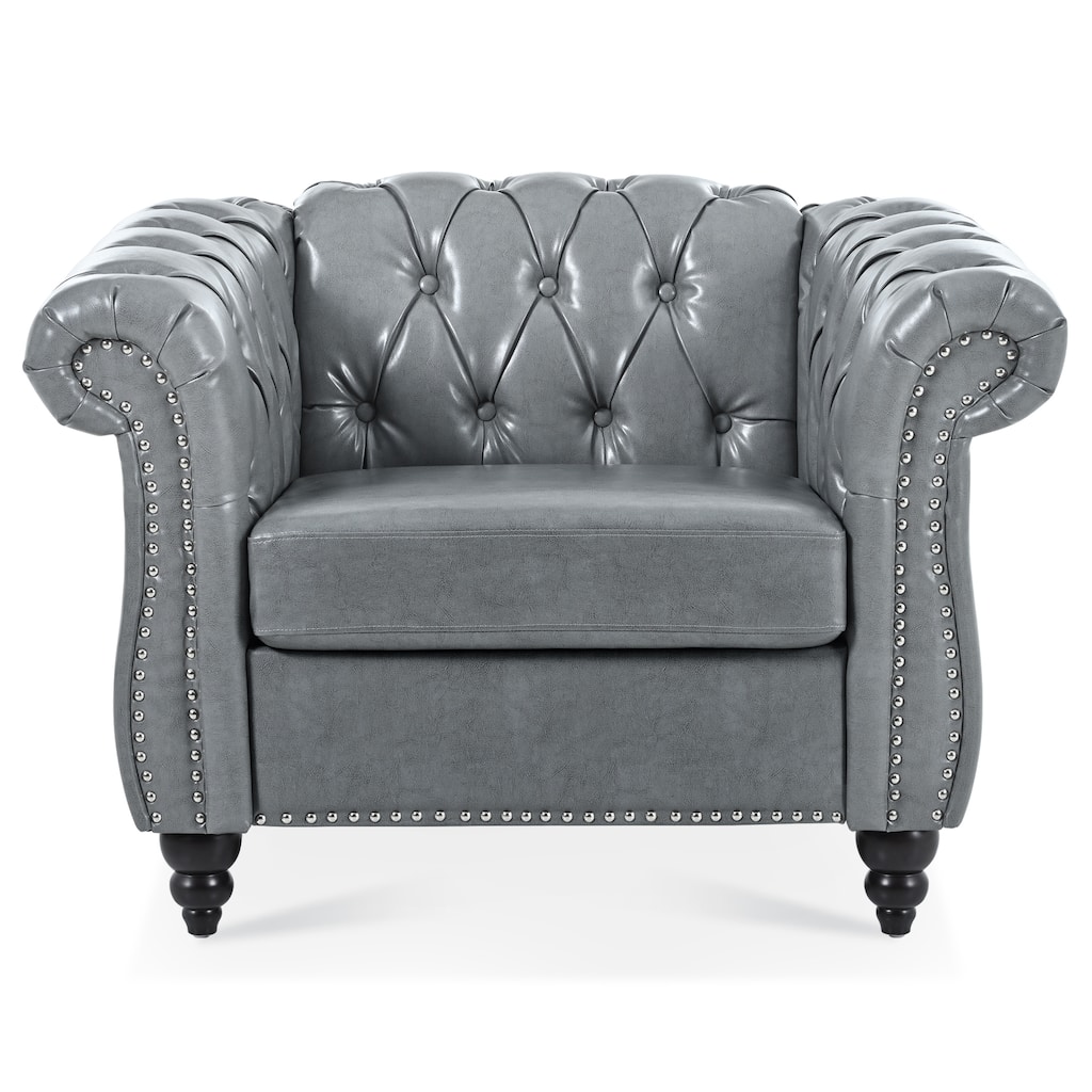 Leather Single Sofa Chair Barrel Chair with Nailhead Trim, Stylish Corner Chair Side Chair with Rolled Armrests