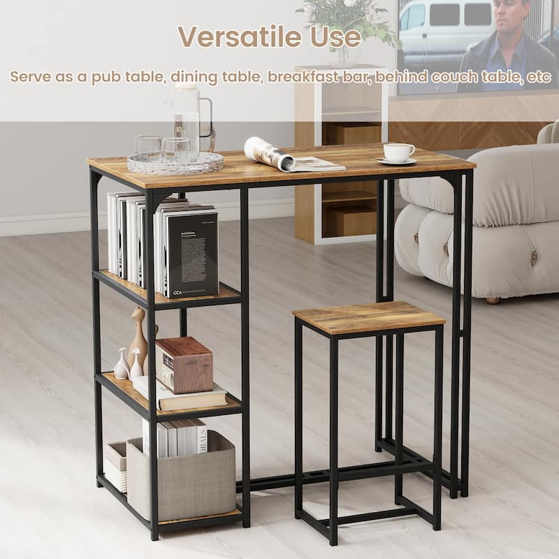 3-Piece Bar Height Table and Stools Set Metal Frame MDF Top with Side Storage for Kitchen - 44" x 24" x 44"(L x W x H)