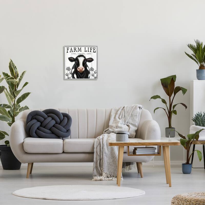 Stupell Farm Life Dairy Cow Sign Wildflower Florals Framed Wall Art - Black