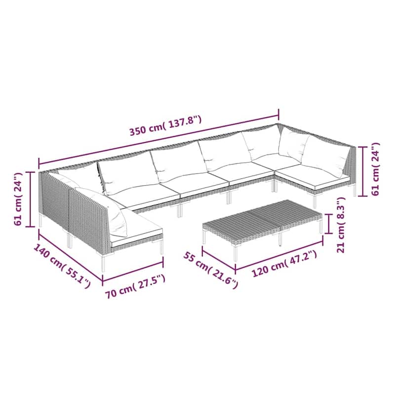 vidaXL Patio Lounge Set Outdoor Sectional Corner Sofa Poly Rattan Dark Grey - 27.6" x 27.6" x 24"