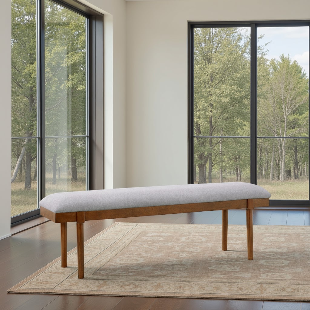 Jeyn Large Dining Room Bench, 59 Inch Brown Hardwood, Gray Polyester