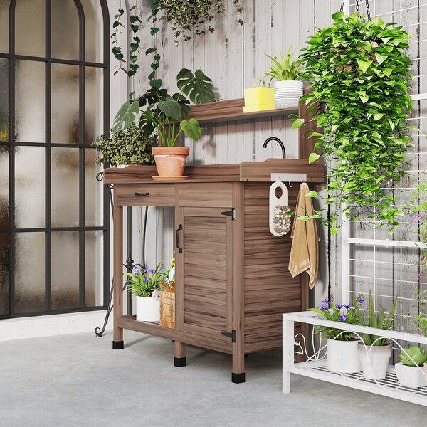 Outsunny Potting Bench Table with Faucet Sink Hooks and Storage Cabinet Outdoor Prep Table Gardening Bench On Sale Bed Bath Beyond 37290855