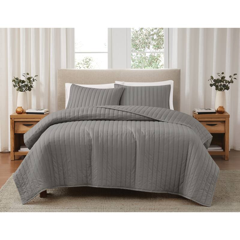 Brooklyn Loom Solid Cotton Percale Quilt Set - Full - Queen - Grey - 3 Piece