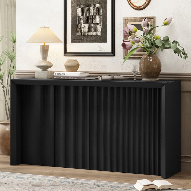 Acacia Wood Veneer Simple Entryway Table With Wavy Design,Suitable For Study,Entryway,Hallway, Living Room, Foyer - Black