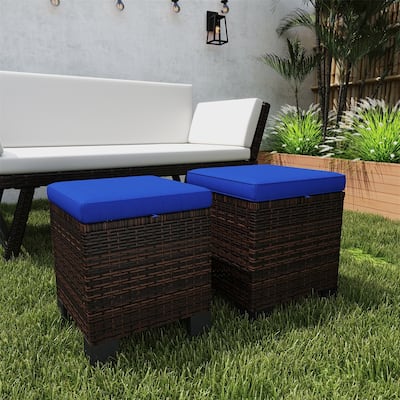 Set of 2 Outdoor Ottomans Wicker with Cushions Steel Frame for Patio Balcony Yard - 15.7" W x 15.7" D x 18.1" H