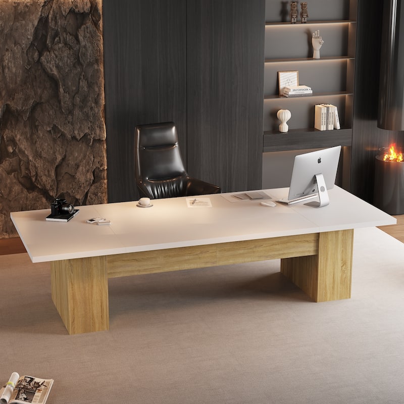 Extra Long Wood Rectangular Dining Table Meeting Table,Oak & White - 126"L