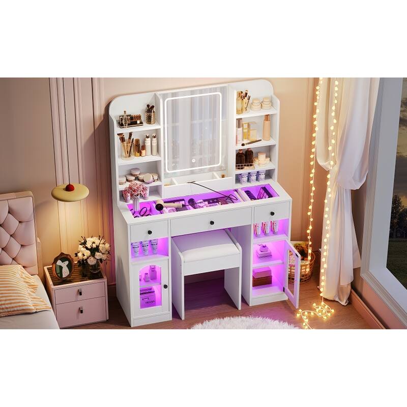 Roomfitters 43.2" Makeup Vanity Desk with LED Lighted Mirror, Glass Door Cabinets, Charging Station and Stool