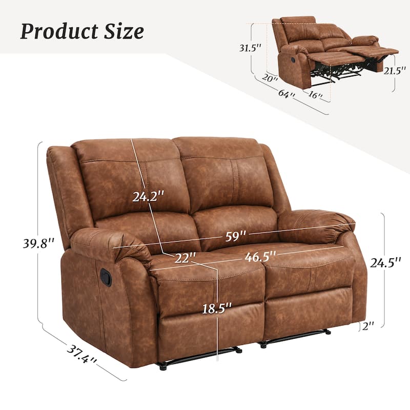 Manual Recliner,Faux Leather Reclining Sofa Set, 2-Seater Reclining Sofas For Living Room - 59"W X 37.4"D X 39.8"H