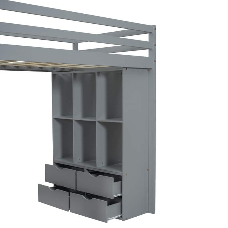 Full Size Solid Wood Loft Bed with Desk,Shelves,and LED Light