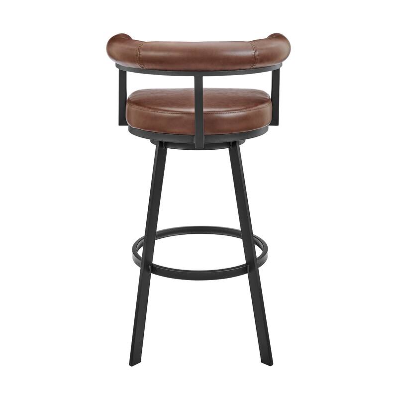 Weni Swivel Barstool Chair, Brown Faux Leather, Black Iron Frame